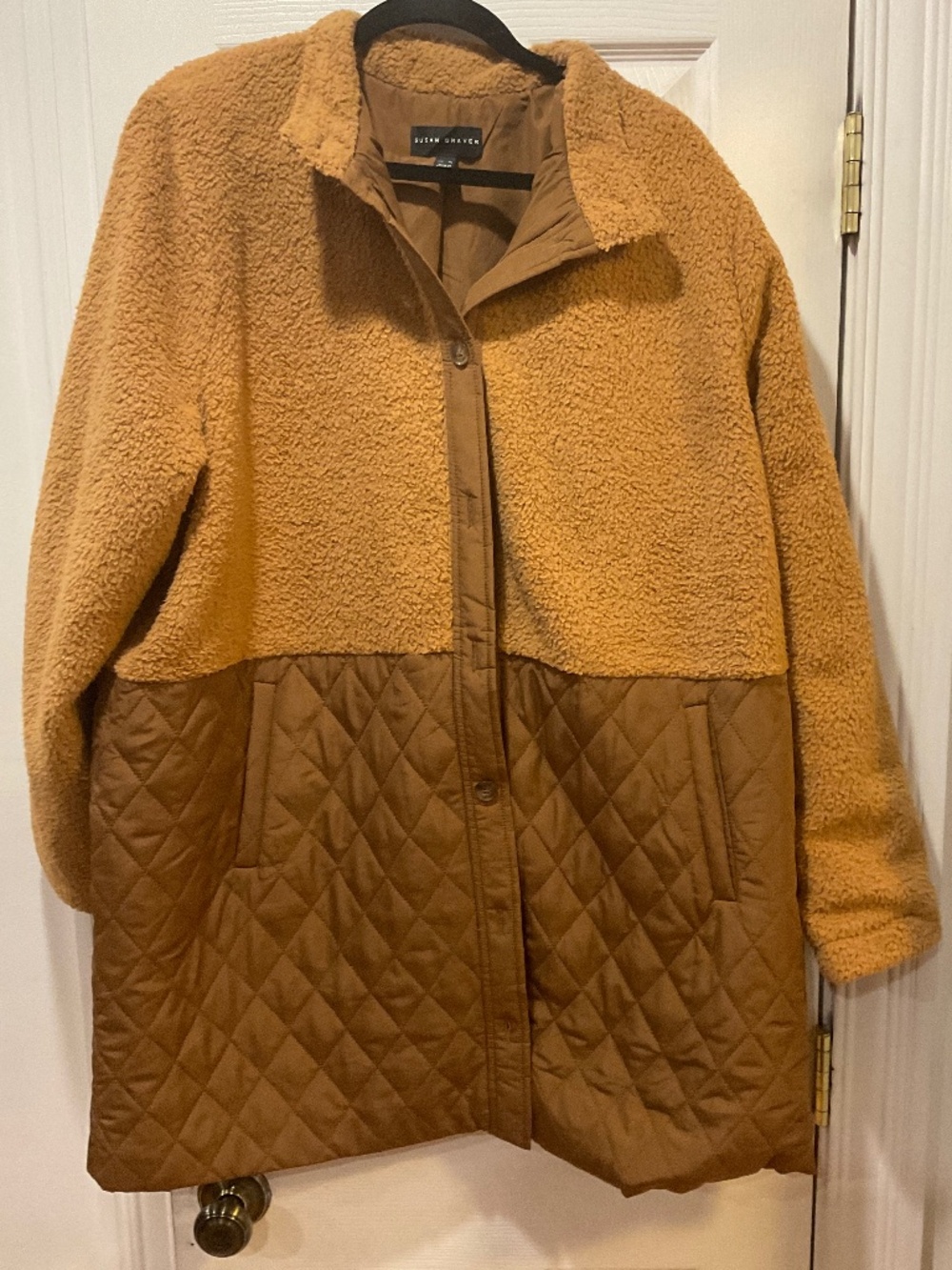 Susan Garver XL Camel Teddy Sherpa Faux Fur Quilted Coat Jacket